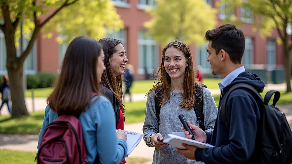 Eine Gruppe Schüler und Schülerinnen steht draußen in einer Runde zusammen und führt ein Gespräch oder Interview.