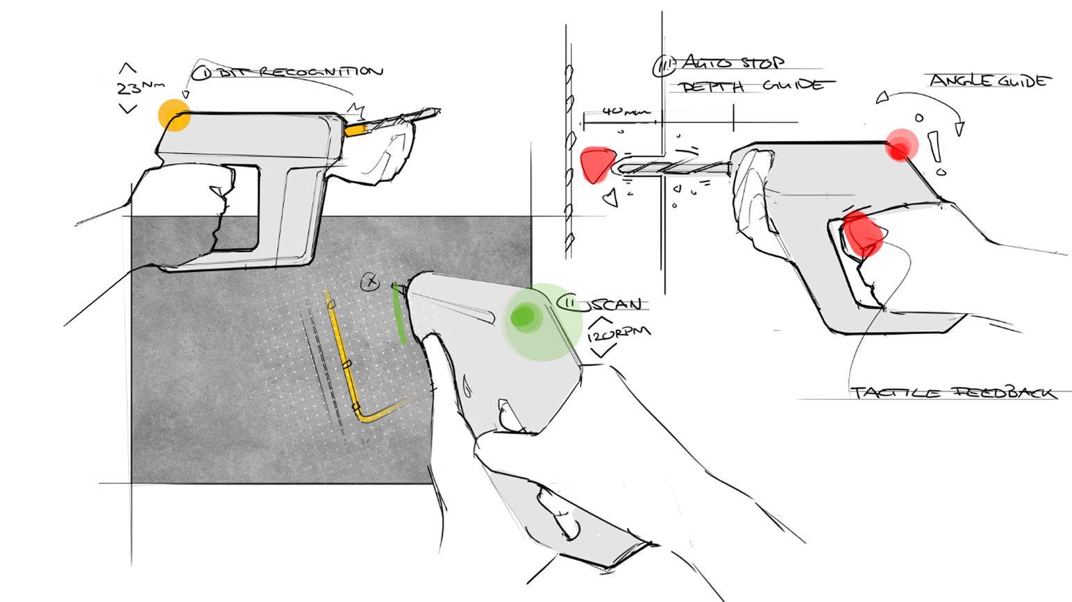 Konzeptansatz einer Bohrmaschine mit Sensorik in Sketches visualisiert