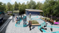Mobilitätsstaion, gerenderte Ansicht, mit Bodenmarkierungen, die an leuchtende Kabel erinnern.