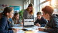 Gruppe Schüler und Schülerinnen schauen gemeinsam mit einer Lehrerin auf einen Bildschirm.