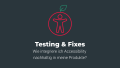 Grafik mit rotem A11y Icon mit einem grünen Blatt oben drauf. Darunter der Text: Testing & Fixes. Wie integriere ich Accessibility nachhaltig in meine Produkte.