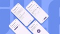 Vier Smartphone-Mockups liegen versetzt zueinander auf einem blauen Hintergrund. Es sind Admin-Features zu sehen, um eine Umfrage in der App zu erstellen.
