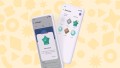 Zwei Smartphone-Mockups auf einem gemusterten gelben Hintergrund. Die Seite „Abzeichen“ zeigt mehrere Abzeichen, ein Pop-Up informiert über das erhaltene Abzeichen „Stimmstark“.