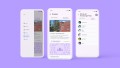 Drei Smartphone-Mockups stehen nebeneinander auf einem lilanen Hintergrund. Das Gruppen-Feature wird gezeigt mit verschiedenen Gruppen und der Mitgliederliste.