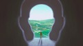 Illustration von einem Menschen, der allein am Ausgang einer Höhle steht, welche sich im Kopfumrissförmig öffnet. Der Mann dreht dem Betrachtenden den Rücken zu und schaut auf eine harmonische grüne Graslandschaft mit verschiedenen Wegen.