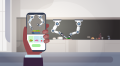 Illustration von einer futuristischen Küchenszene. Im Vordergrund hält eine Hand ein Handy auf dem Roboterarme zu sehen sind, die einen Salat zubereiten. Im Hintergrund sieht man eine Küchenzeile, auf der zwei Roboterarme eine Gurke auf einem Brett schneiden.