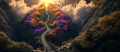 Eine Person steht vor einem Weg, der durch ein grünes Gebirge mit vielen bunten Pflanzen führt und bis zum Horizont, von Sonnenlicht geflutet reicht.