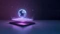 Eine abstrakte Illustration in lila Tönen. Der Fokus ist ein Tablet über dem eine Weltkugel schwebt. Dazwischen ist eine Art digitale Platte, die die Technologie mit der Lehre verbindet.
