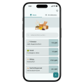 Das klare, aufgeräumte Design der Benutzeroberfläche wird auf einem Smartphone angezeigt. Sichtbar ist die komplette Tagesansicht der Mahlzeiten in vier untereinander angelegten Kacheln: Frühstück, Snack, Mittag & Nachmittagssnack. zusätzlich werden die Gramm Kohlenhydrate zu den einzelnen Mahlzeiten angezeigt. Außerdem finden sich in den Kacheln kleine Illustrationen zu den jeweiligen Mahlzeiten, die für einen guten Überblick auch ohne genauere Betrachtung der Texte sorgen.