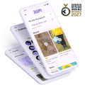 Drei gestaffelte Smartphones übereinander. Oben Home-Screen mit WLan-Passwort, Shorts und News, dadrunter Profileinstellungen und ganz unten Übersicht über Events. Rechts oben Logo German Design Award WInner 2027.