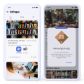 Zwei Smartphones nebeneinander. Links Übersicht der Umfragen, rechts Pop-Up, dass das Abzeichen „Meinungsmuig“ erreicht wurde.