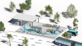 A rendered, top-down view of a stylized mobility hub featuring bike-sharing, a bus stop, e-scooters, seating, and turquoise pavement markings.