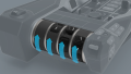 A concept graphic showing the dynamic adjustment of the control armrest using blue arrows.