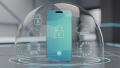 A cell phone with a lock displayed on its screen. The cell phone is enclosed in a transparent dome. Various digital icons related to the Cyber Resilience Act are displayed on the dome.