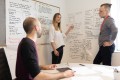A UXMA employee is standing in front of note boards with notes on various methods from the field of user-centered development. Two colleagues are listening to her.