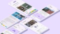 Five smartphone mockups are lying on a purple background. They show different screens of the “JUP!” app.