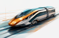 Sketch of a modern train traveling quickly towards the viewer.
