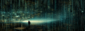 Outline of a person in an unreal landscape of light and code.