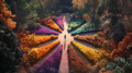 A person stands in the middle of a clearing from which many paths lead off in a star shape. The landscape is a colorful forest with many colorful plants.