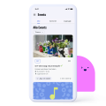 Smartphone displaying the events overview page. Top event: “DIY Tuesday: Flower Pots.” A pink, winking avatar peeks out on the right.